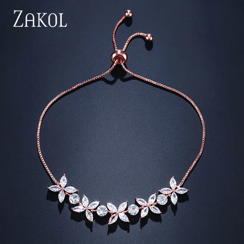 ZAKOL, Новое поступление, белый Фианит, циркон, камни, цветок, шарм, регулируемые браслеты для женщин, модные свадебные ювелирные изделия, FSBP2136 - Окраска металла: Rose Gold Color