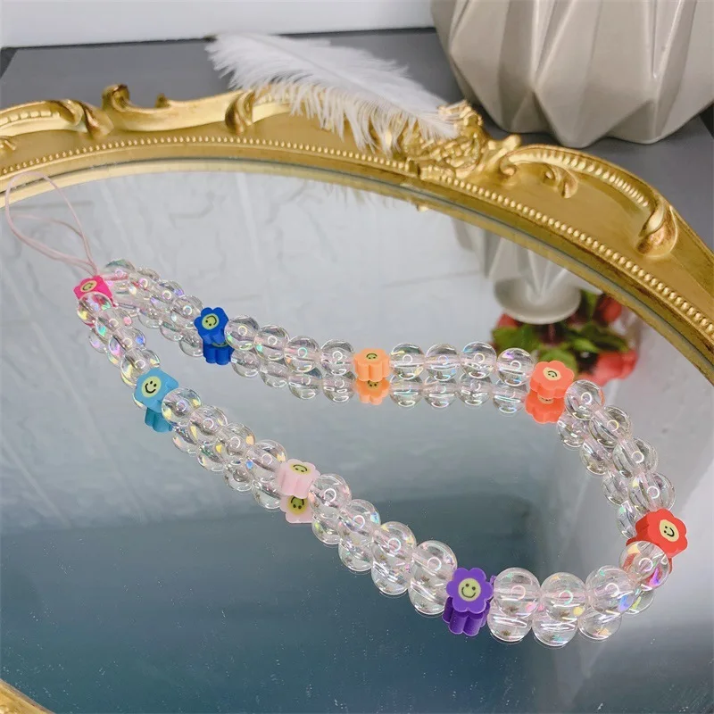

Bohemian Style Transparent Round Beads Color Sun Flowers Mobile Phone Decoration Chain Women Anti-Lost Lanyard Jewelry Accessory