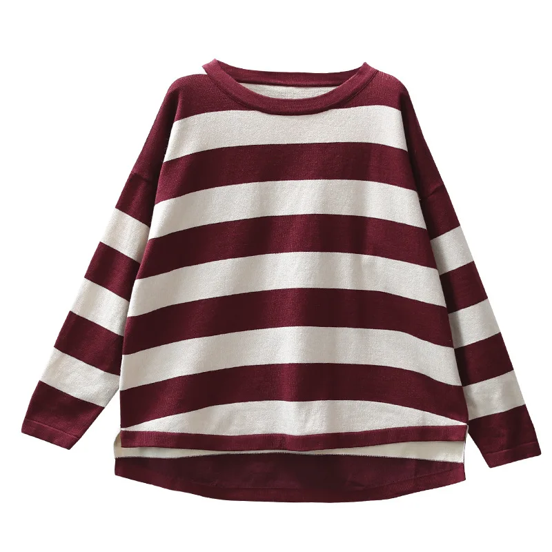 Autumn Sweater Women Retro Loose Knitting Pullovers 2019 New Ladies Tops O-Neck Long-sleeved Striped Casual Mori girl | Женская одежда