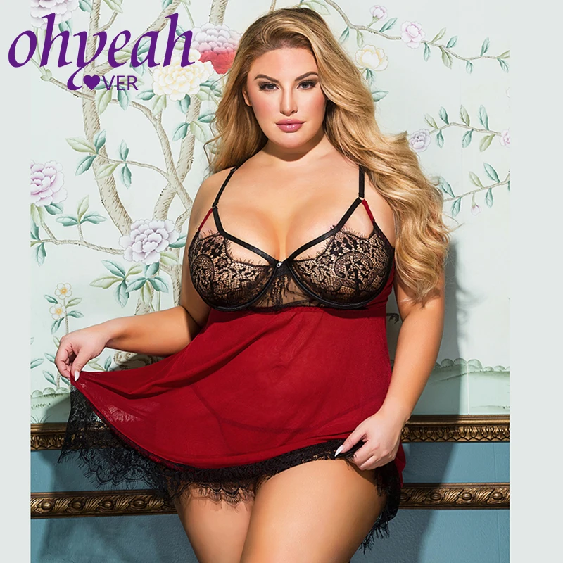 

Ohyeahlover Woman Plus Size 5XL Sexy Lingerie Back Split Eyelash Lace Patchwork Mesh Spaghetti Strap Thong Set With Underwire