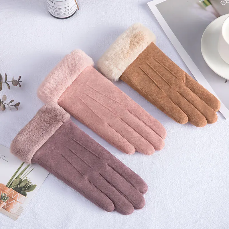 

Women's winter warm touch screen gloves cycling suede skiing thickened knitted plush cute gloves for gifts