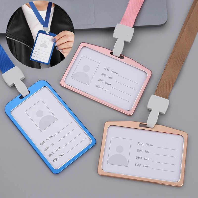 

Rectangular Metal Work Card Housing Aluminum Alloy Exhibition Card Holder With Rope Multi-Color Business Employee Id Card Cover