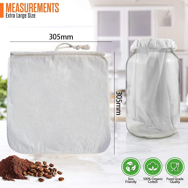 

2 Pack Organic Reusable Cold Coffee Brew Filters Bag,12 Inch Wine Brewing Filters Eco-Friendly Mesh Cotton Toddy Filter