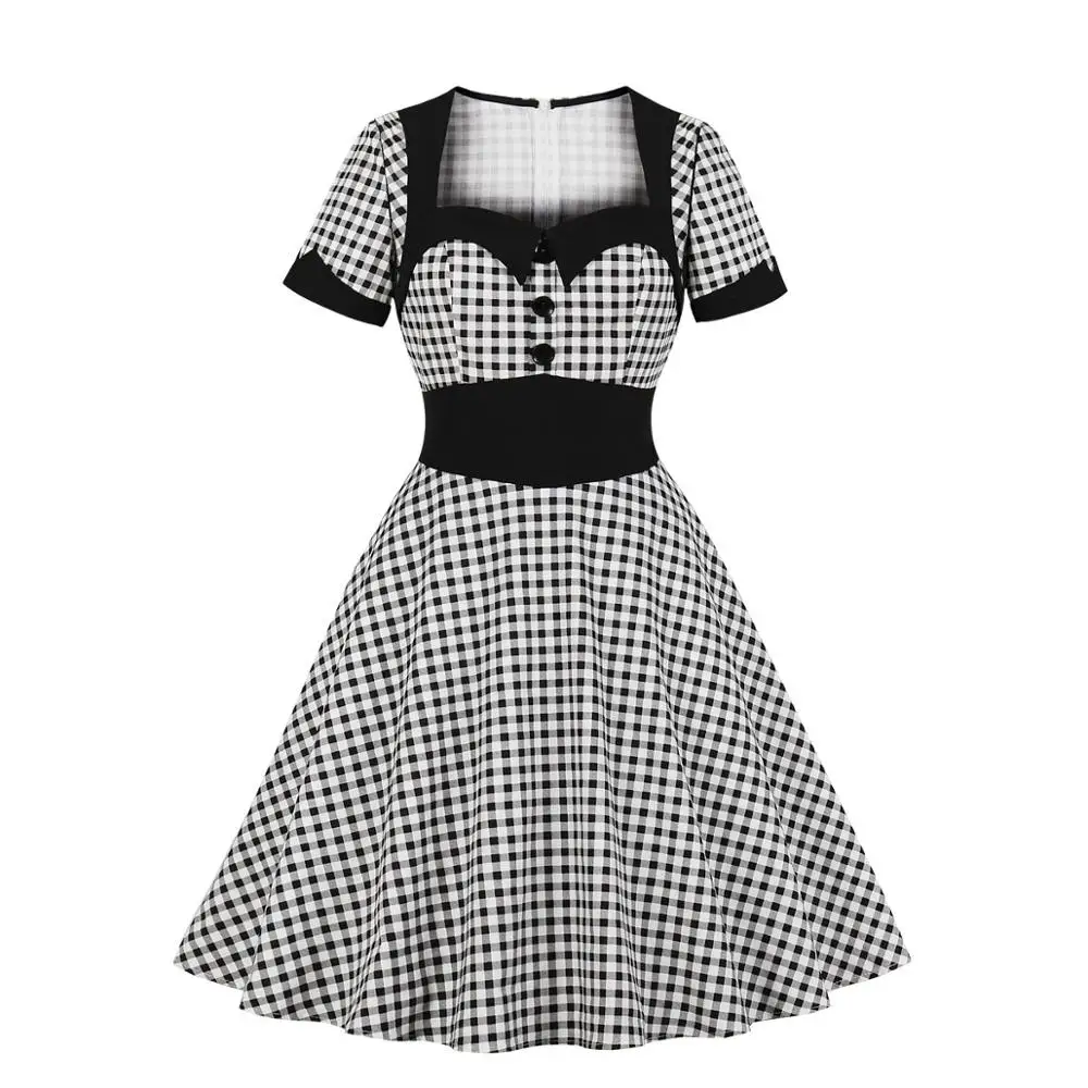 

New Summer 2020 Retro Style Pattern Dress Square Neck Short Sleeve Big Swing Dress Fashion Elegant Temperament Plaid Dress