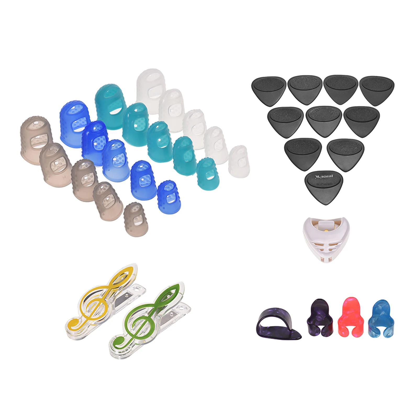 

Guitar Accessories Kit Includes 20pcs Silicone Guitar Finger Protectors 10pcs Guitar Picks 4pcs Thumb Finger Picks Pick Holder