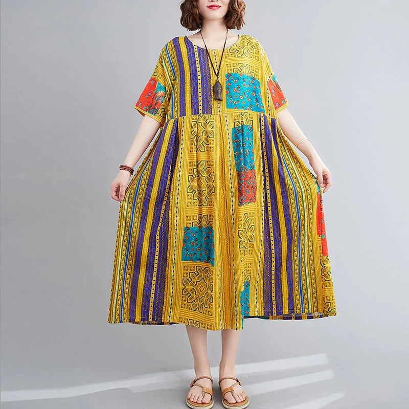 

2021 New Summer Bohemian Women'S Dress Vintage Casual Loose Fashion Print Bohemian Short Sleeve Dress Elegant Ladies Dresses
