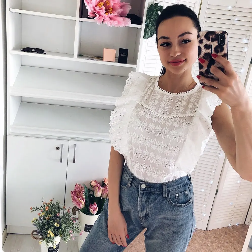 Новинка 2020 кружевные блузки с оборками и круглым вырезом 100% хлопок белые без