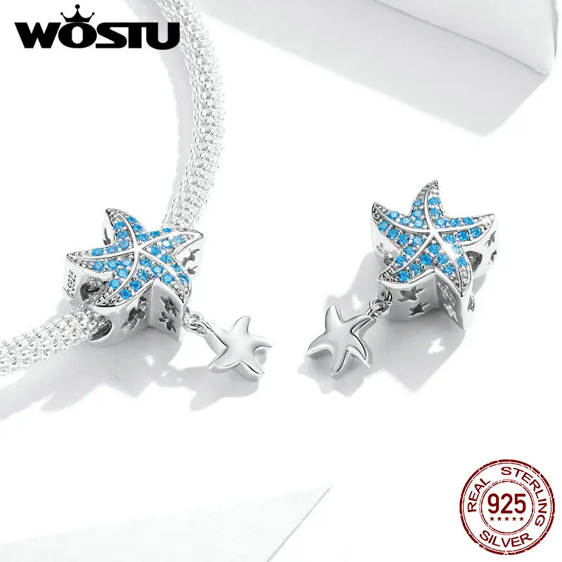 

925 Sterling Silver Blue AAA Zircon Ocean Starfish Pendant Beads WOSTU New Arrival Silver Charms fit Bracelets Jewelry FNC252