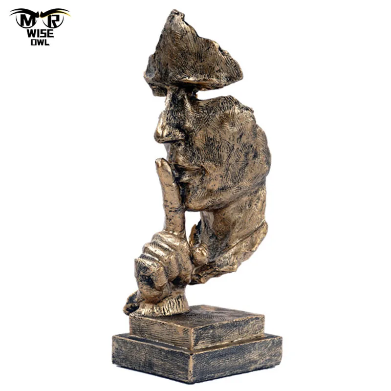 

27 см смолы тишина Золотая маска статуяабстрактная фигурки Скульптура Craft офиса винтажные аксессуары для украшения дома Nordic