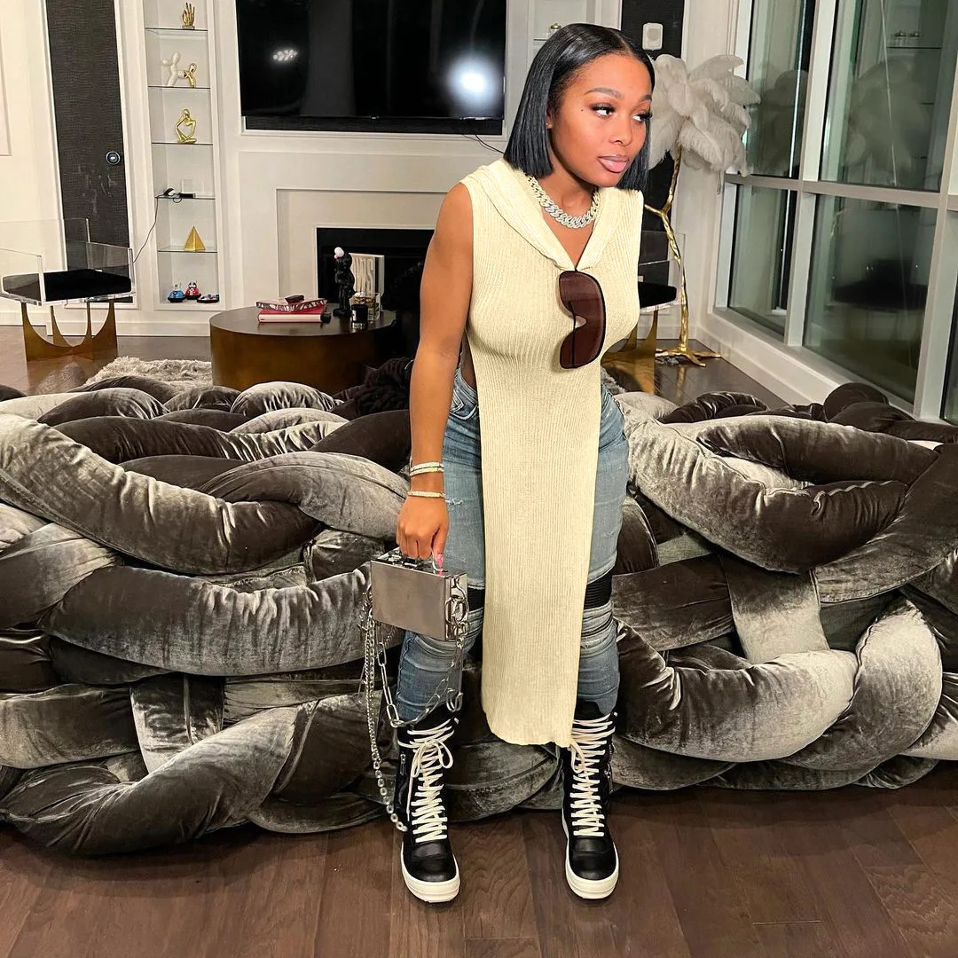 

Women T-shirt Spring Autumn Clothes Ribbed Knitted Sleeveless Hooded Long Version Tee New Designer Double Side High Split Tops