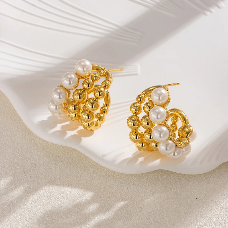 

GHIDBK 2021 New Design Layering Beads Vintage C Shaped Open Earrings For Women Ladies Personalized 3 Rows Luxury Charm Jewelry