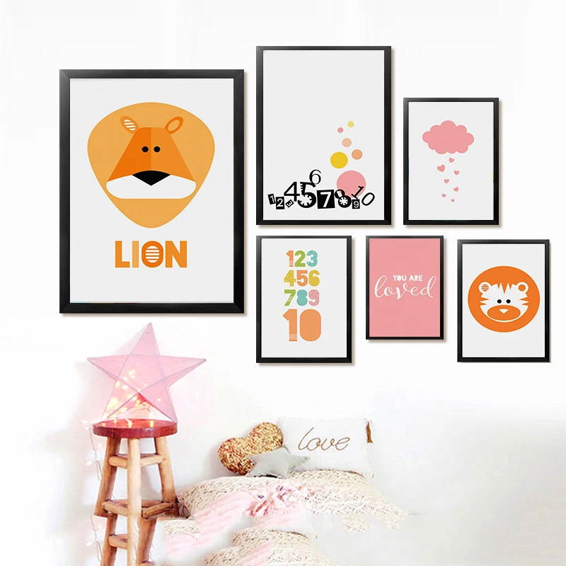 Мультяшный лев тигр розовые облака холст художественные картины скандинавские