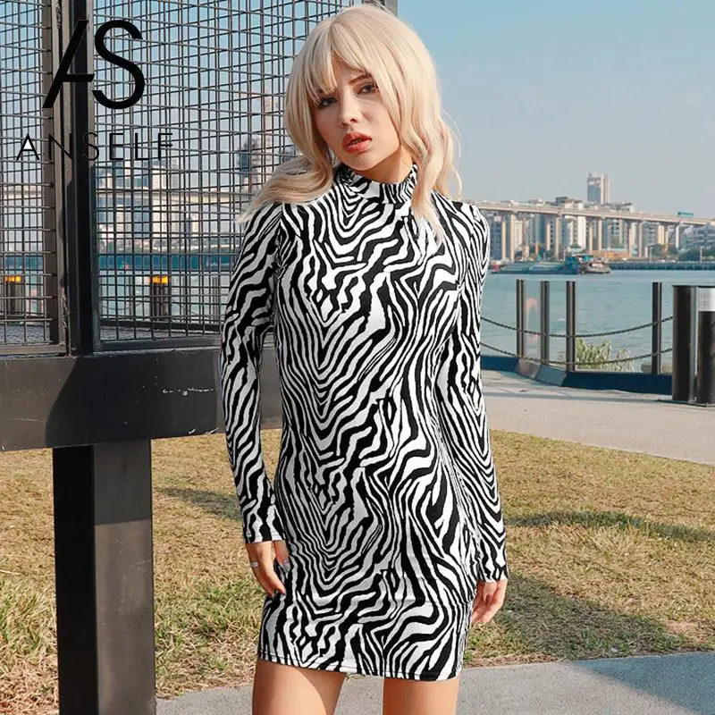 Женское облегающее платье 2020 осеннее с принтом зебры и стоячим воротником