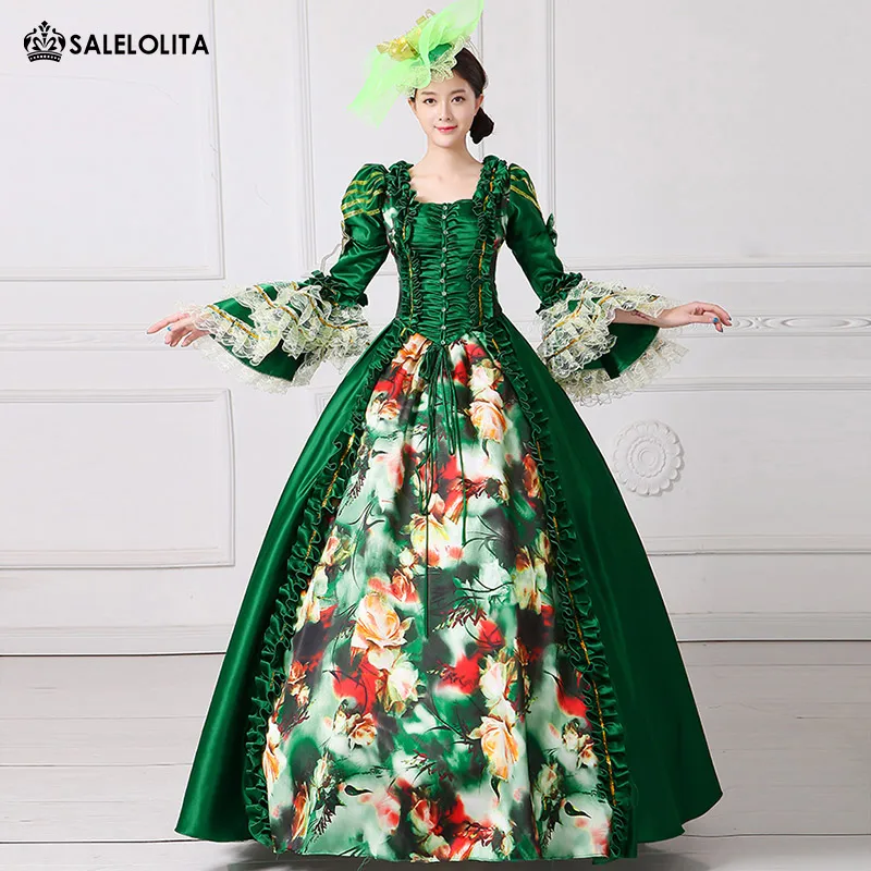 

2020 Royal Green Floral Printed Marie Antoinette Dress Medieval Civil War Southern Belle Ball Gowns Women Reenactment Clothing