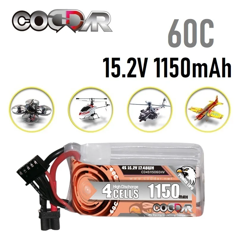 

CODDAR 4S HV 15.2V lithium battery 1150mAh 60C/120C With XT30U Plug For RC Helicopter Quadcopter FPV Racing Drone Parts