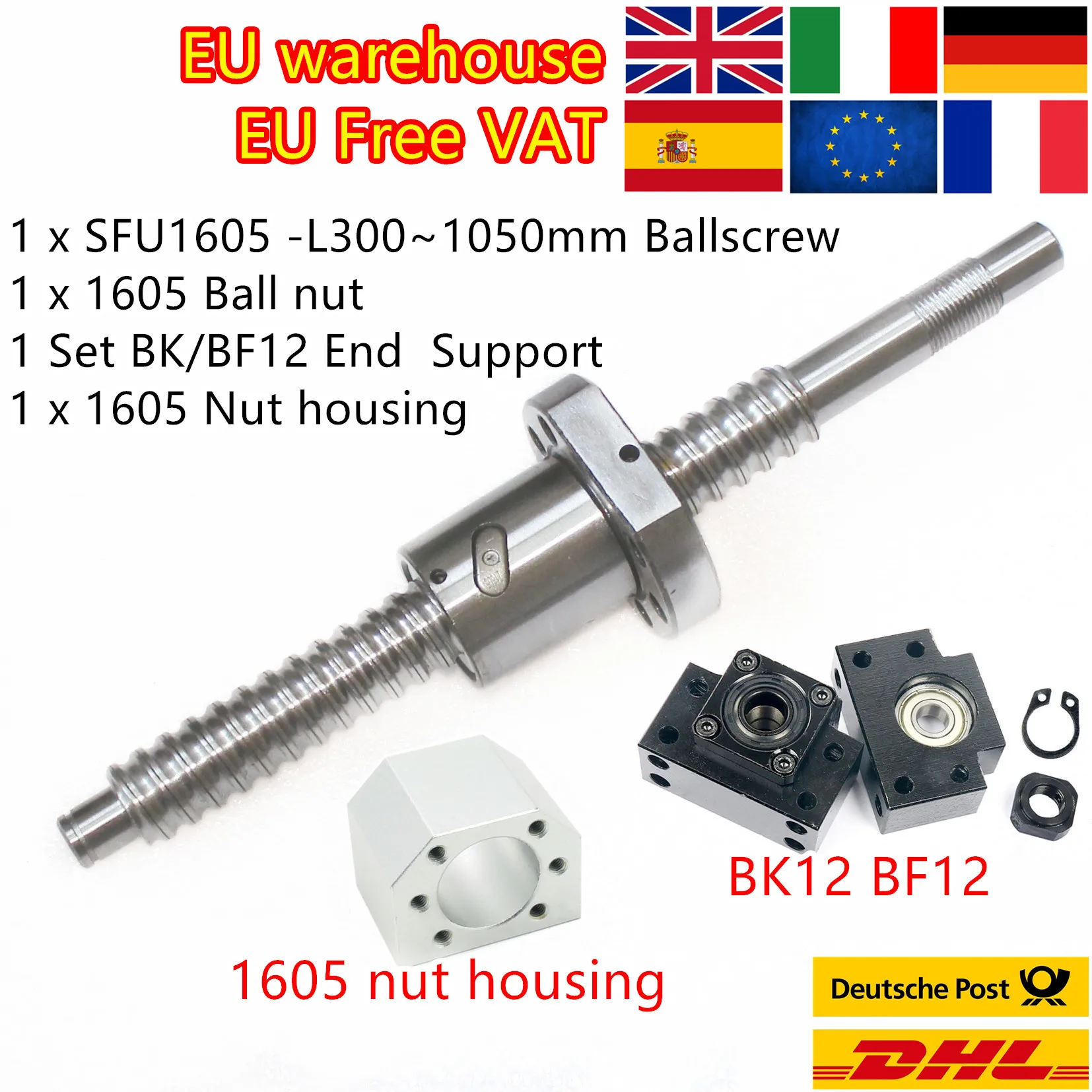 

「EU Free Ship」RM /SFU1605 Ball Screw-300mm 500mm 800mm 1050mm with End Machined & BK/BF12 End Support & 1605 Nut housing for CNC