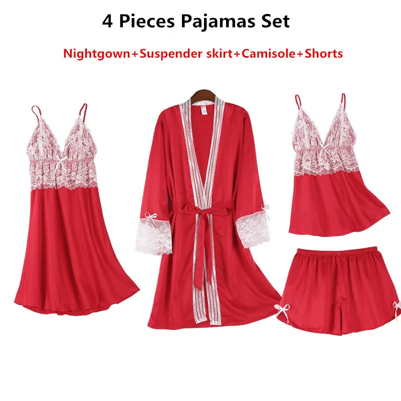 

Женские пижамные комплекты больших размеров, Женская атласная одежда для сна, шелковые комплекты из 4 предметов, пижама на тонких бретелях, ...