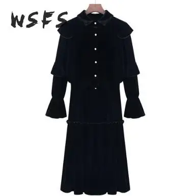 

2 Piece Set Autumn Black Dress Flare Sleeve Top Office Lady Women Dresses Bandage Bodycon Vintage Sexy Party Midi Korean Clothes