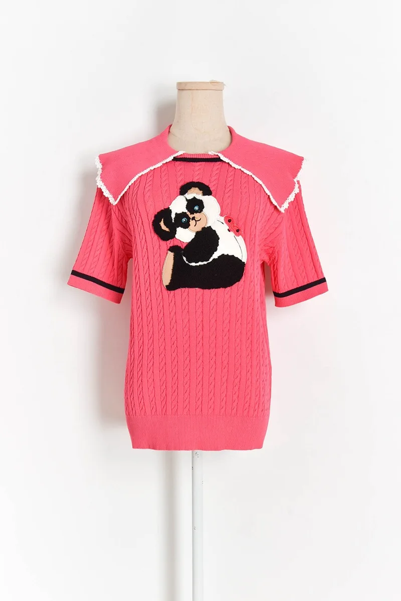 

Cute T Shirt Women Doll Collar Panda Appliques Tshirt 2020 New Hit Color Cartoon Pattern Twist Knit Tee Rose Pink Knitwear