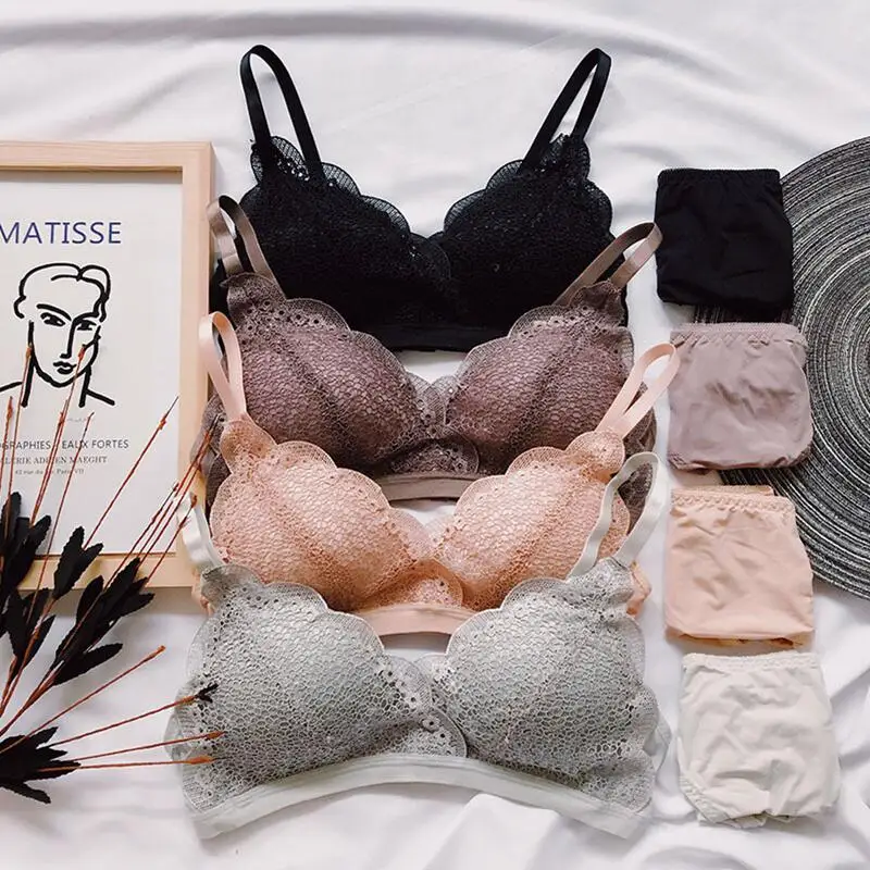 

New Women's Lace Bra Sets Hollow Girls Triangle Thin Cup Sexy Bra Comfortable Panties Wireless Brallete And Brief Underwear Sets