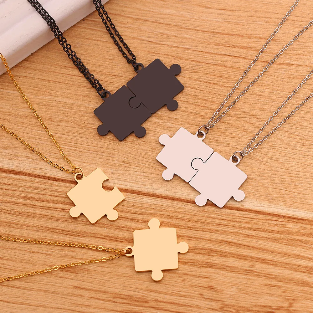 

2pcs Men Women Couple Puzzle Pendant Necklace Stainless Steel Link Chain 3 Colors Necklaces Set Jewelry For Lovers