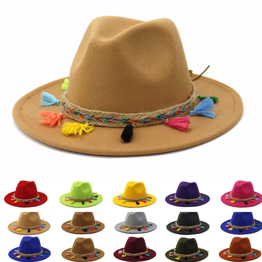 

Fedora Hat Gray Black Felt Hat for Women Vintage Ladies Trilby Cap with Tassels Female Jazz Panama Indy Hat PINK NEW 2021