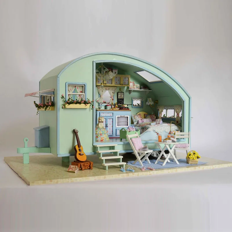 

Travel Caravan DIY Tour Of Time Wooden Dollhouse Miniature Kit Doll House LED Music Box Voice Control Handmade Kits For Girls