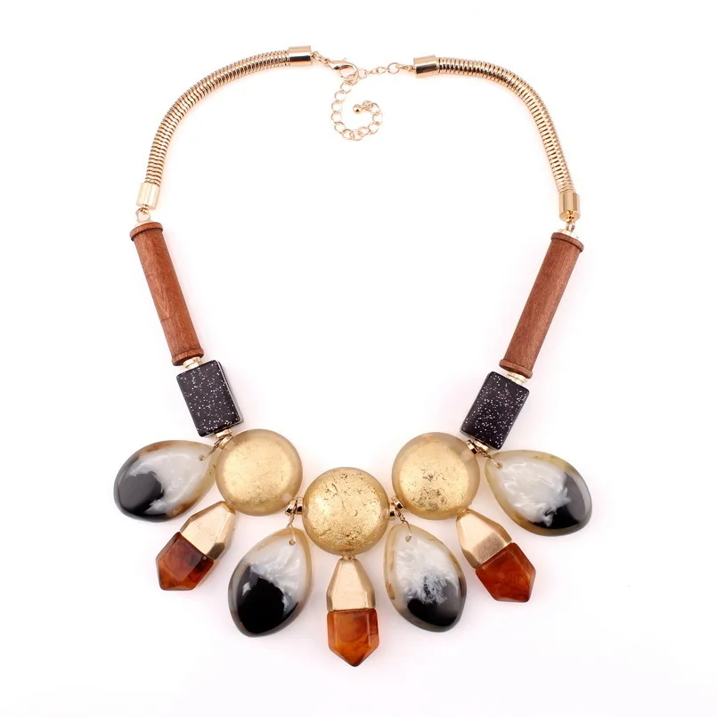 Gold Color Chain Big Chunky Necklace For Women Florosy Brand Jewelry Wood Resin Material Statement Pendant | Украшения и