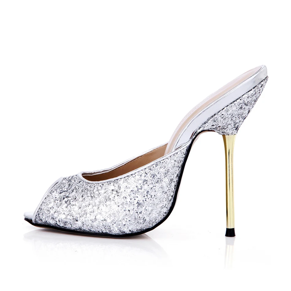 Новые летние туфли на высоких каблуках 11 см высоком каблуке Блестящие босоножки