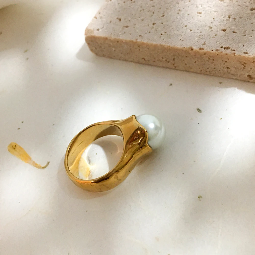 

Monlansher Vintage Irregular Gold Color Titanium Steel Ring Simulated Pearl Ball Ring Statement New Trendy Finger Rings Jewelry