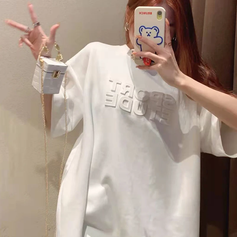 

Loose O-Neck Women's T-Shirt European Vintage Letter Printing Short-Sleeved Top Summer Mid-Length All-Match Fashion Clothing
