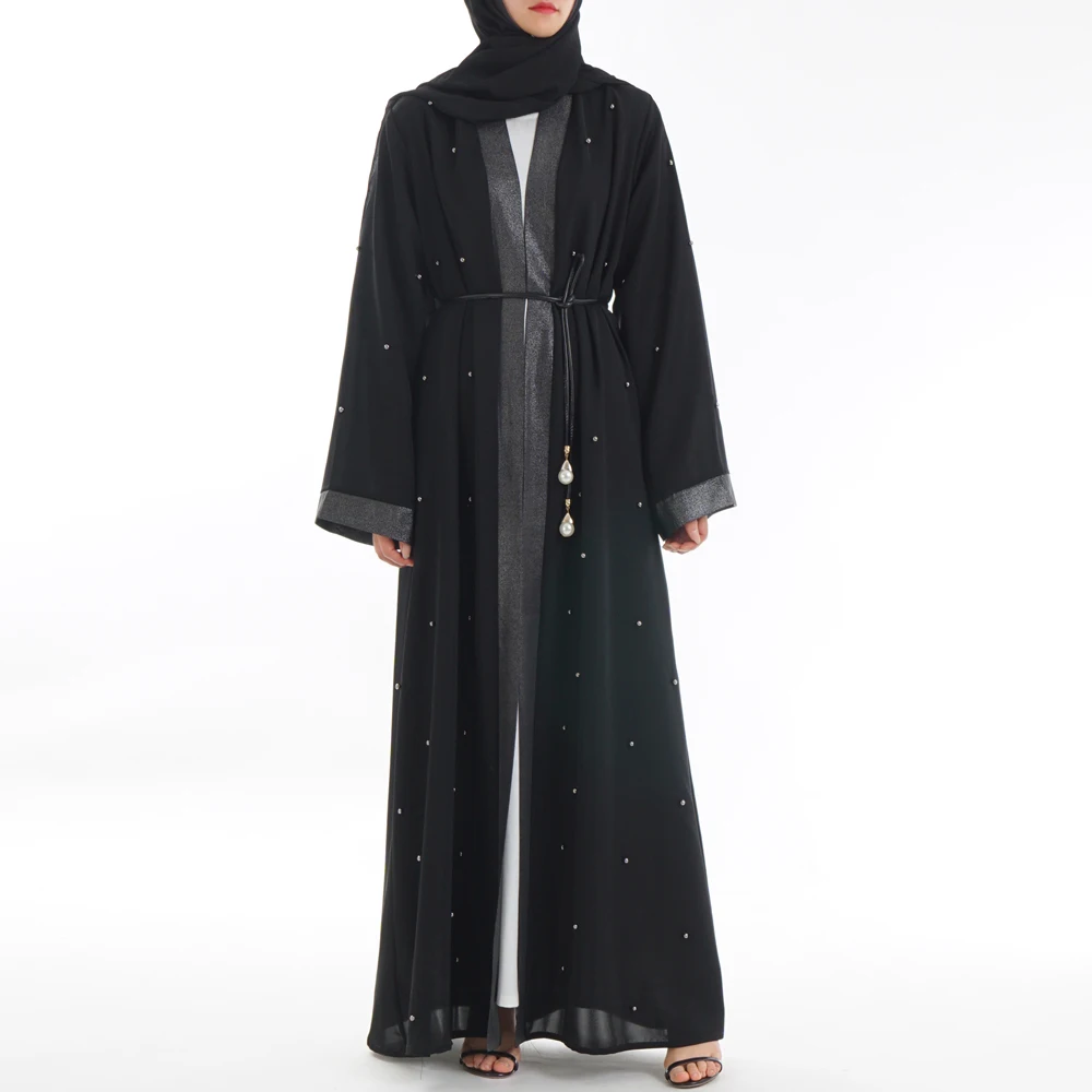 Женское платье с длинным рукавом abaya черное жемчугом и бусинами|Мусульманская