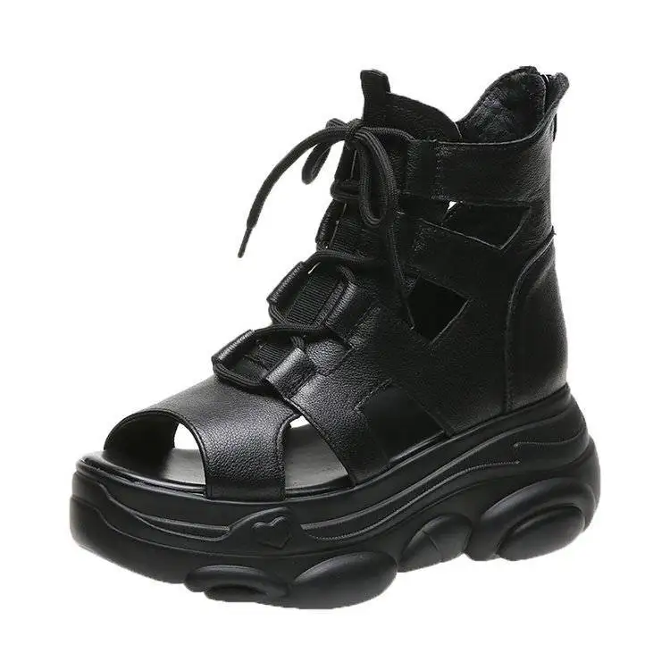 

2021new summer sponge cake bottom round toe strap high-heeled non-slip black women's sandals