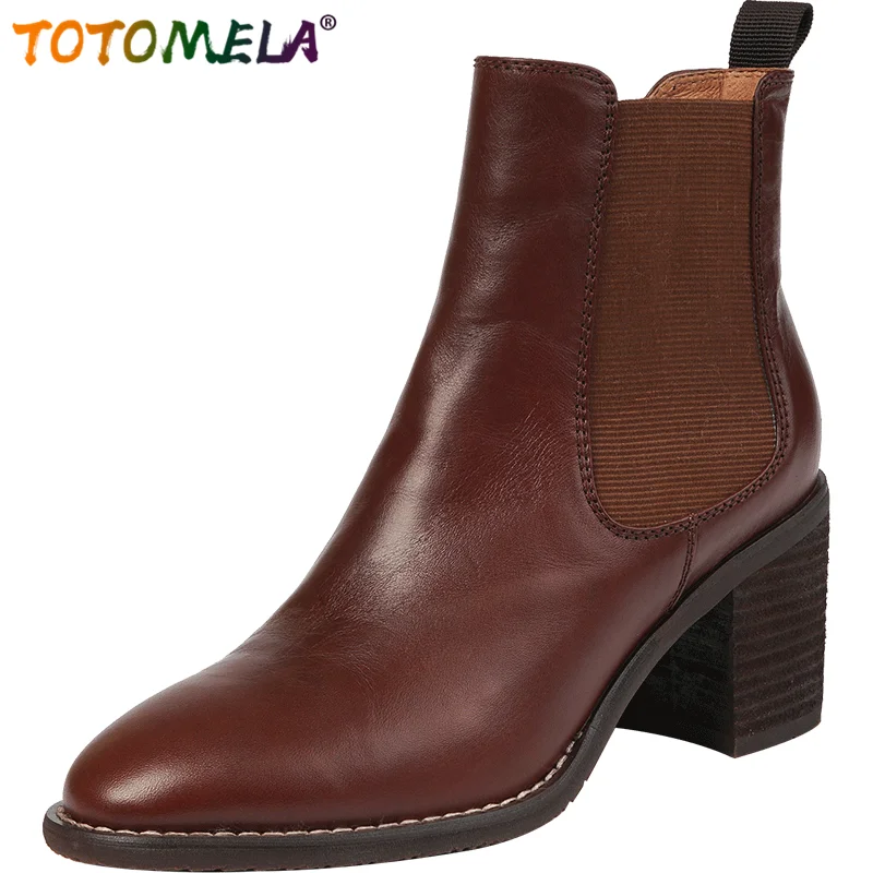 

TOTOMELA 2022 new arrive ankle boots pointed toe genuine leather footwear thick high heel vintage dress casual shoes ladies
