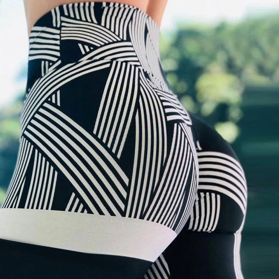 

Fashion comfortable striped digital printing hip high waist fitness leggings women