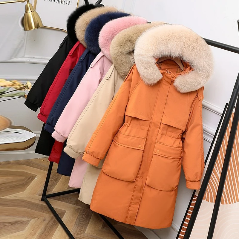 Fitaylor Winter Large Natural Real Fur Collar Hooded Feather Long Jacket Women Thickening Down Coat High Waist Fluffy Outwear | Женская