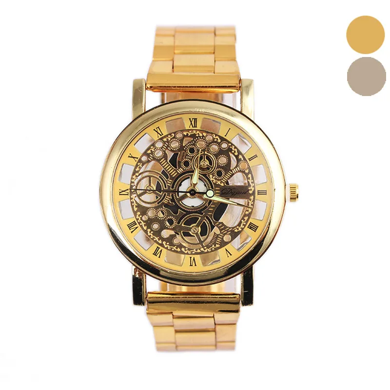 Модные мужские наручные часы из нержавеющей стали в полоску Золотые