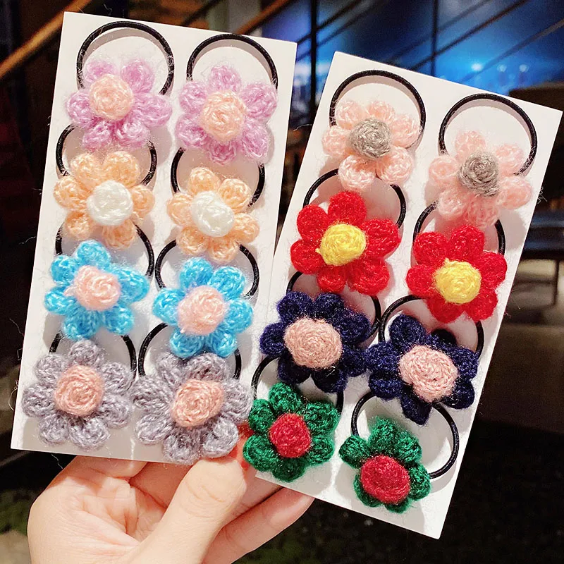

8PCS/Set New Girls Cute Hand-Made Knitting Colorful Flower Small Scrunchie Lovely Hair Bands Headband Fashion Hair Accessories