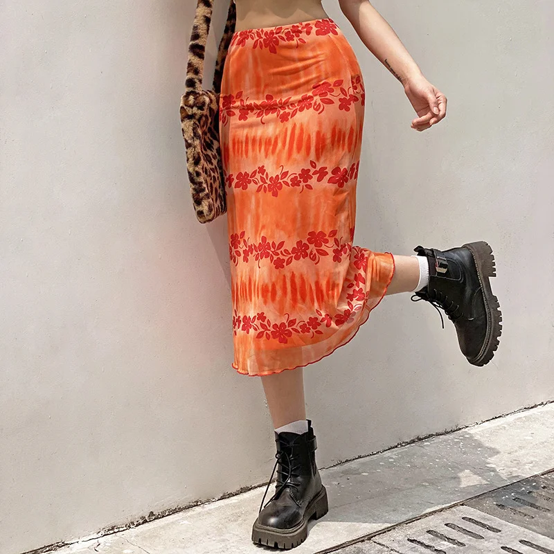 

Summer Skirts Women Boho Beach Casual Skirts Female High Waist Floral Printing Orange Midi Skirt Party Holiday Clothing