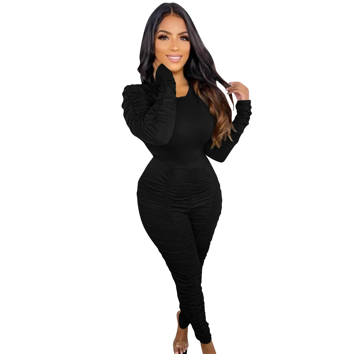 

Fashion casual women's wear tracksuits O-neck long sleeve pants wrinkle two piece set outfits