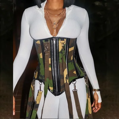 

Steampunk Streetwear Fashion Camouflage Plaid Zipper Waist Corset Vest Waistcoat Cummerbunds Tank Top Gothic Party Clubwear