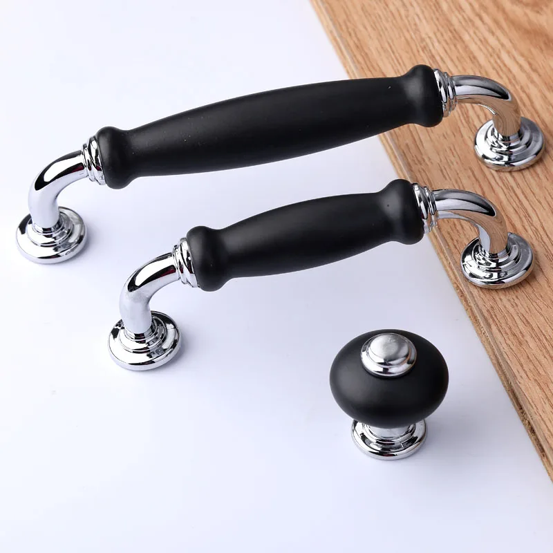 

96 128mm modern simple fashion solid chrome silver kitchen cabinet wine cabinet door handle black ceramic drawer cabinet knob