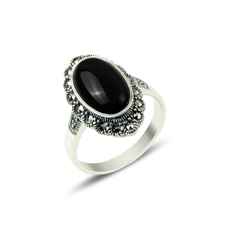 

Silver 925 Sterling Marcasite & Onyx Gemstone Ring