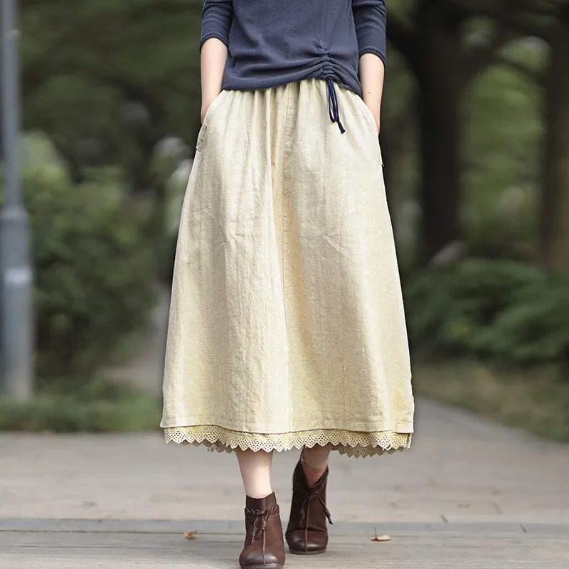 

Spring Autumn New Arts Style Women High Waist A-line Long Skirt All-matched Casual Patchwork Lace Cotton Linen Skirts