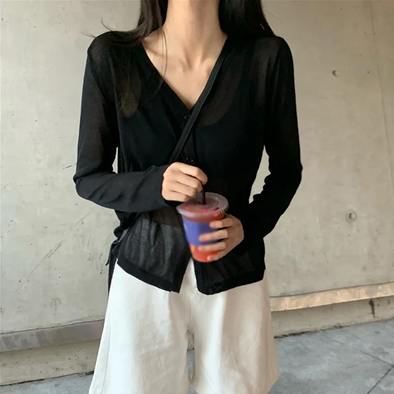 

Thin Solid Women Cardigan Tops Women Spring Autumn New Lazy Style Loose V-neck Long-sleeved Tee Shirt