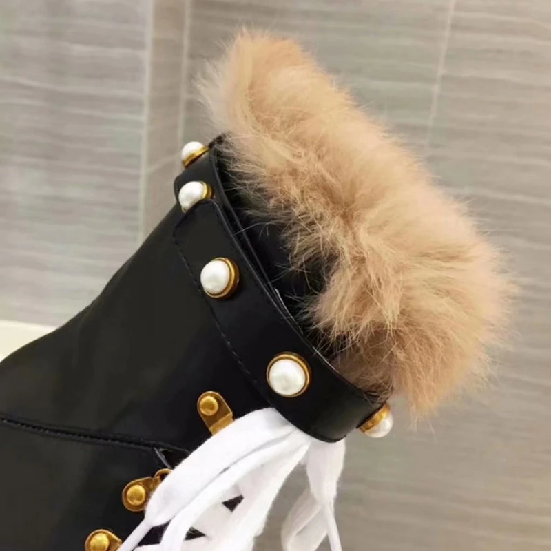 Real Leather Black Ankle Boots Women Round Toe Mixed Color Pearl Rivet High Heel Boots Woman Fashion Martin Boots