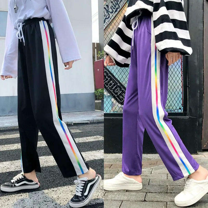 2019 осенние весенние повседневные цветные радужные Боковые Полосатые брюки