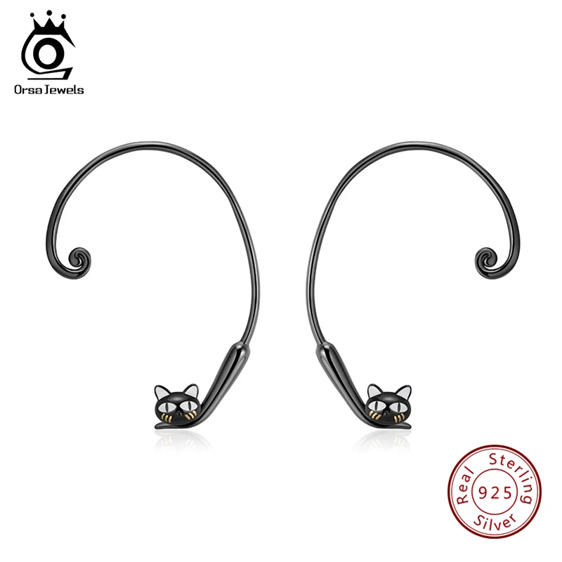 SE91 ORSA JEWELS, женские серьги из настоящего серебра, яркий черный цвет, кот, эмаль, дизайн, для девушек, серебряные, вечерние, ювелирное изделие - Цвет камня: SE91