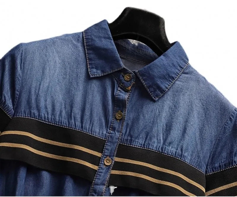 

2021 summer casual women Denim Dresses Retro Striped Ruffled Patchwork Drawstring tie Single-breasted Short Sleeve Denim Dress