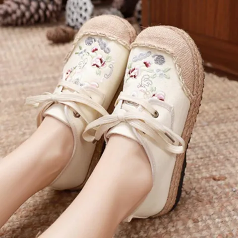 Кроссовки женские в стиле ретро из хлопка и пеньки, на шнуровке, с вышивкой и широким носком, повседневная Винтажная обувь на плоской подошве, 2021